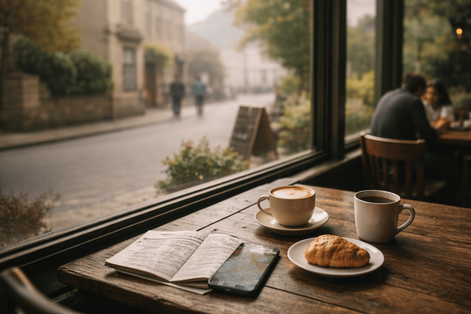 Cappuccino and pastries on a wooden table with soft morning light