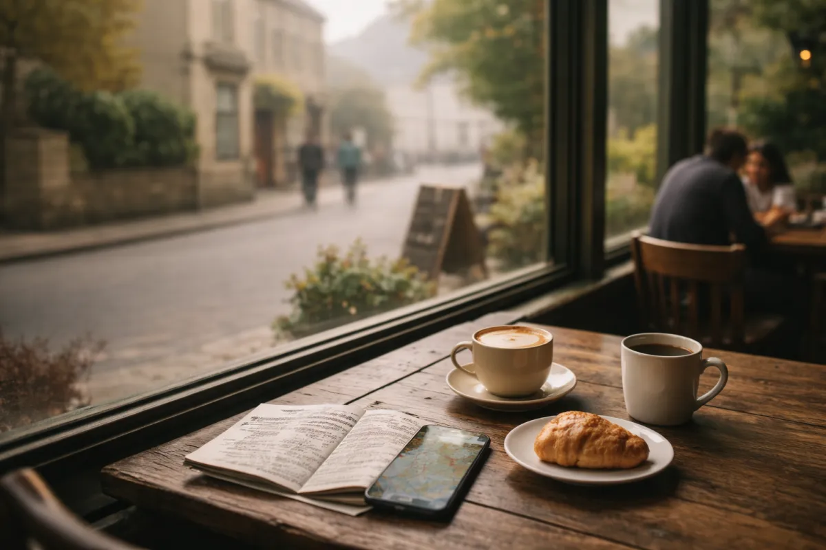Cappuccino and pastries on a wooden table with soft morning light