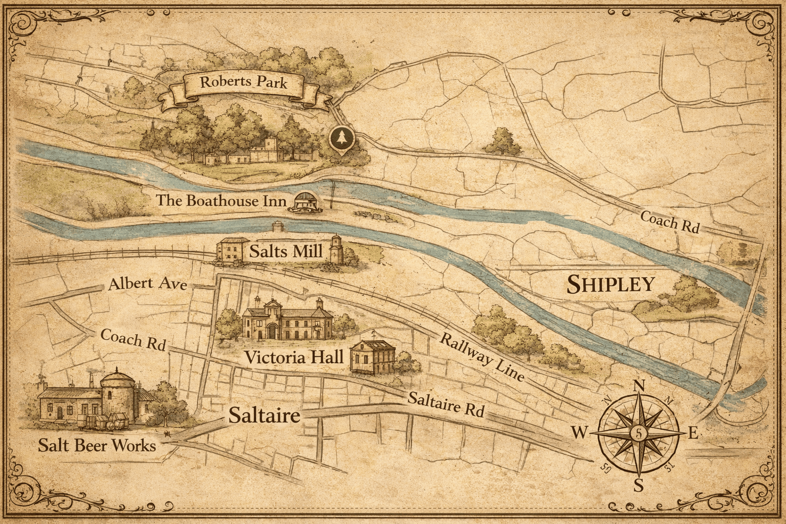 A simple illustration of Saltaire’s canal, park and village cluster