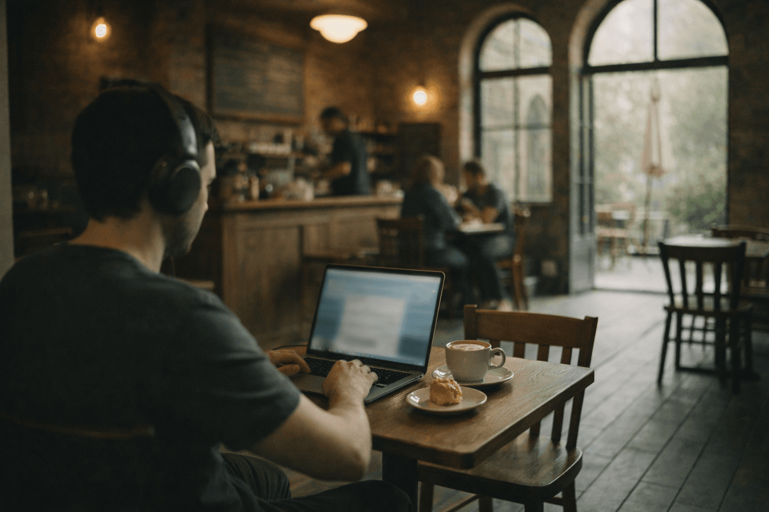 A calm UK café scene with a remote worker using a laptop considerately