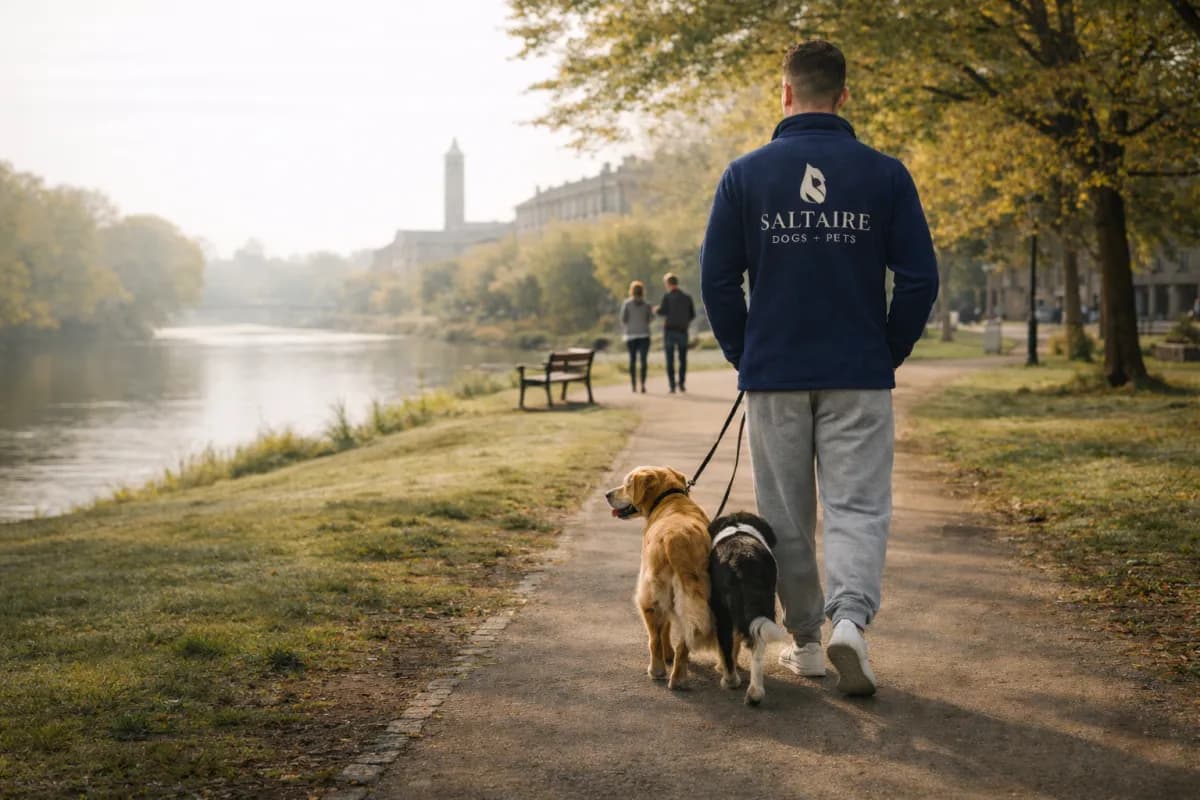 Dog walker on the canal towpath near Saltaire