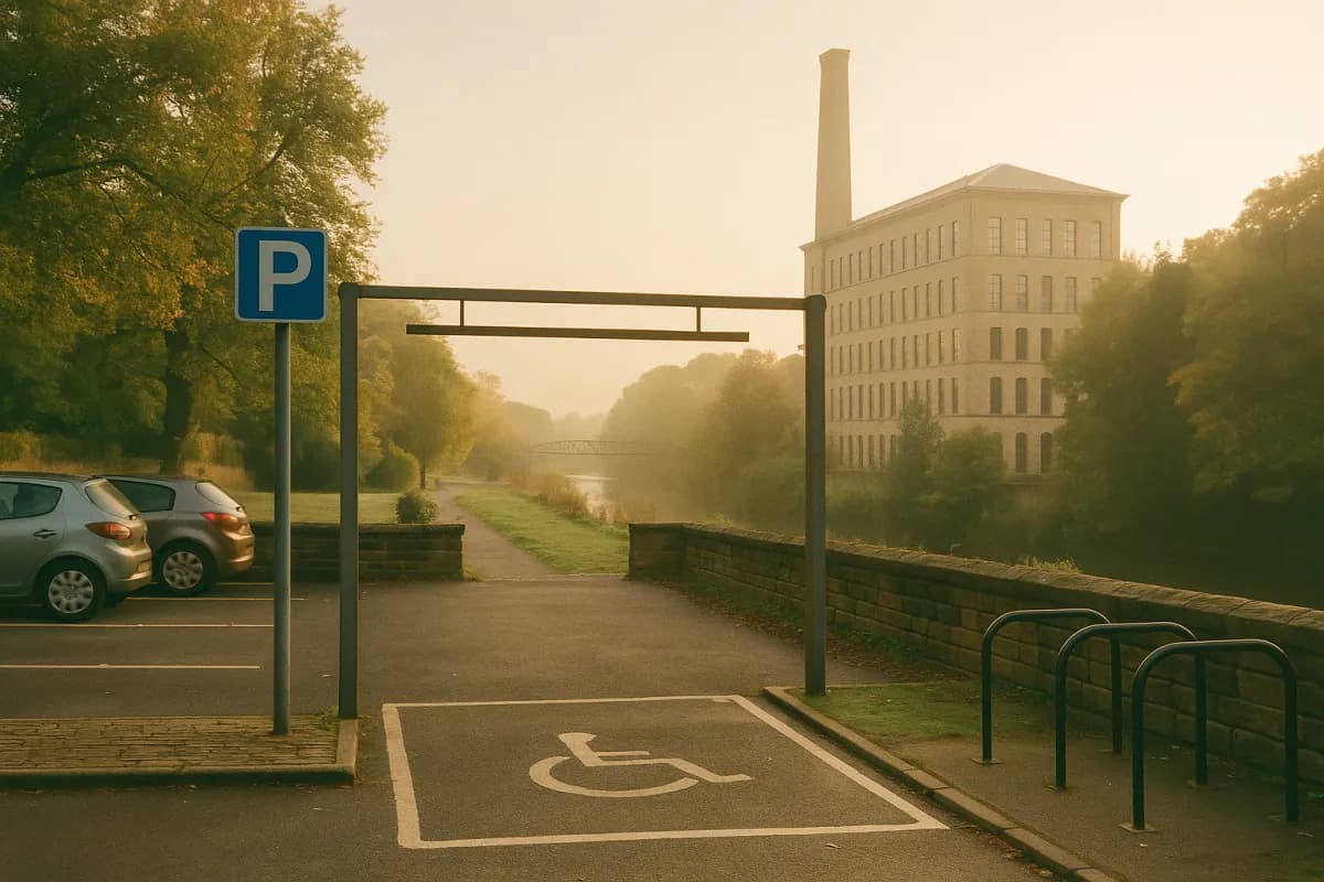 Saltaire car park sign and stone buildings