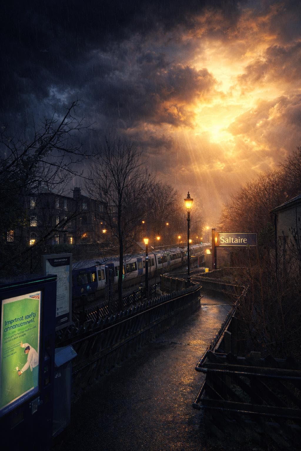 Train arriving at a stone-built station platform