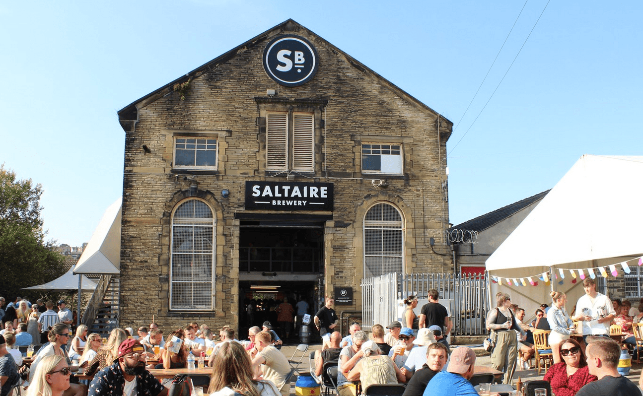 Saltaire Brewery taproom exterior (busy scene)