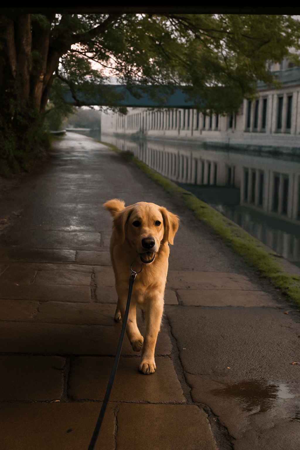 Retriever on the canal cobbles during a Saltaire walk